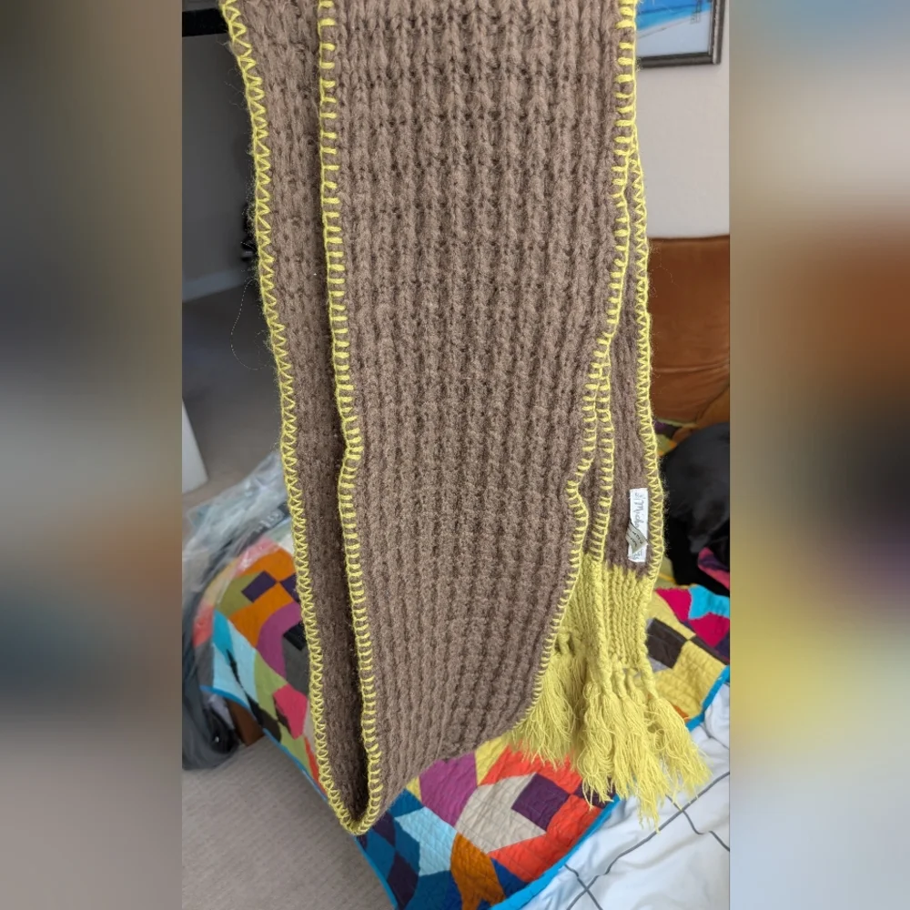 Y2K Dark Taupe‎ and Lime Green Knit Scarf with Fringe